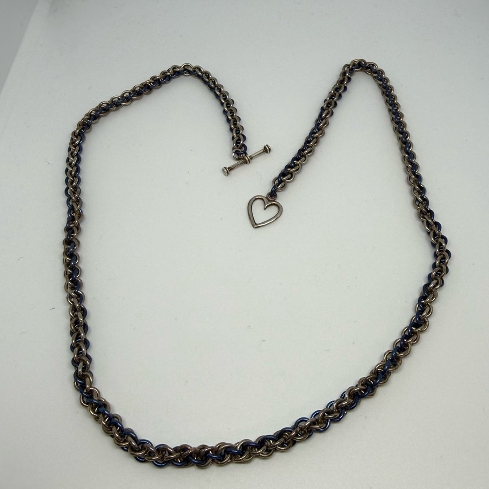 Vintage Silver & Blue Chain Necklace Heart Toggle Clasp 20” - Picture 1 of 2